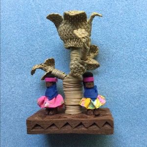Vintage Tarahumara Hand Woven Yucca Flower with Wooden Figurines -Made in Mexico